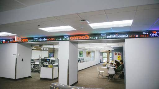 The stock ticker in North Central College's School of Business and Entrepreneurship.